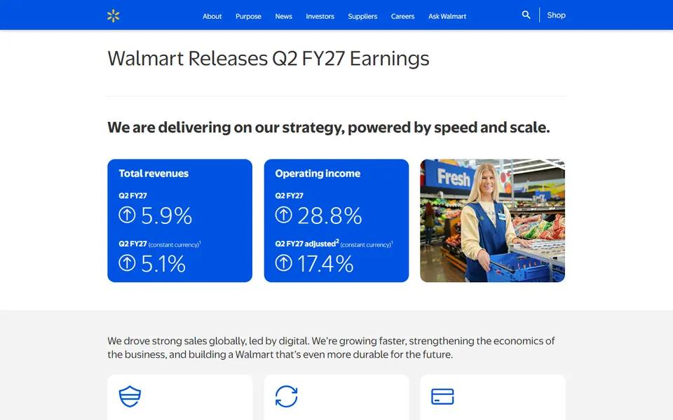 Walmart corporate news page for its second-quarter fiscal 2027 earnings release.